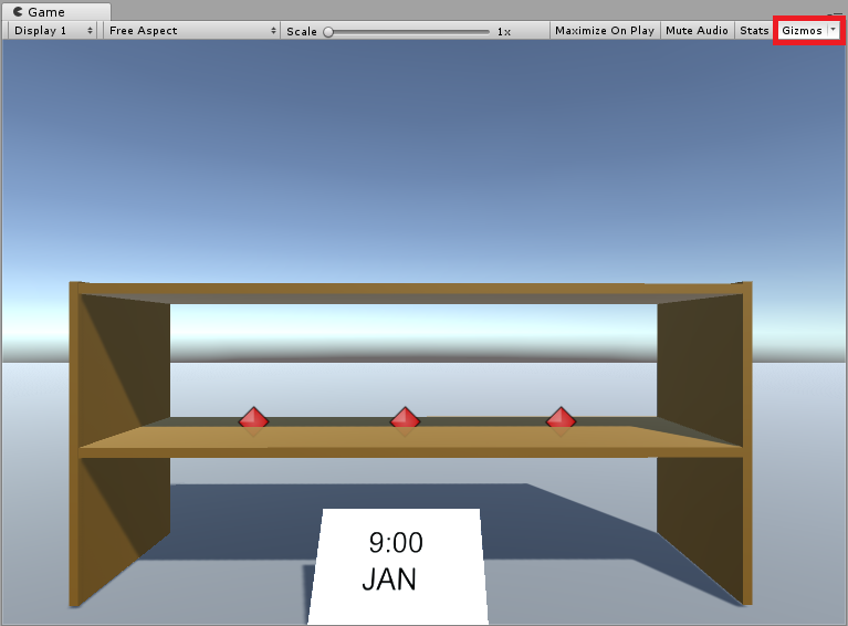 Zrzut ekranu przedstawiający okno Scena aparatu Unity, które pokazuje wyróżniony element menu Gizmos w górnej nawigacji.