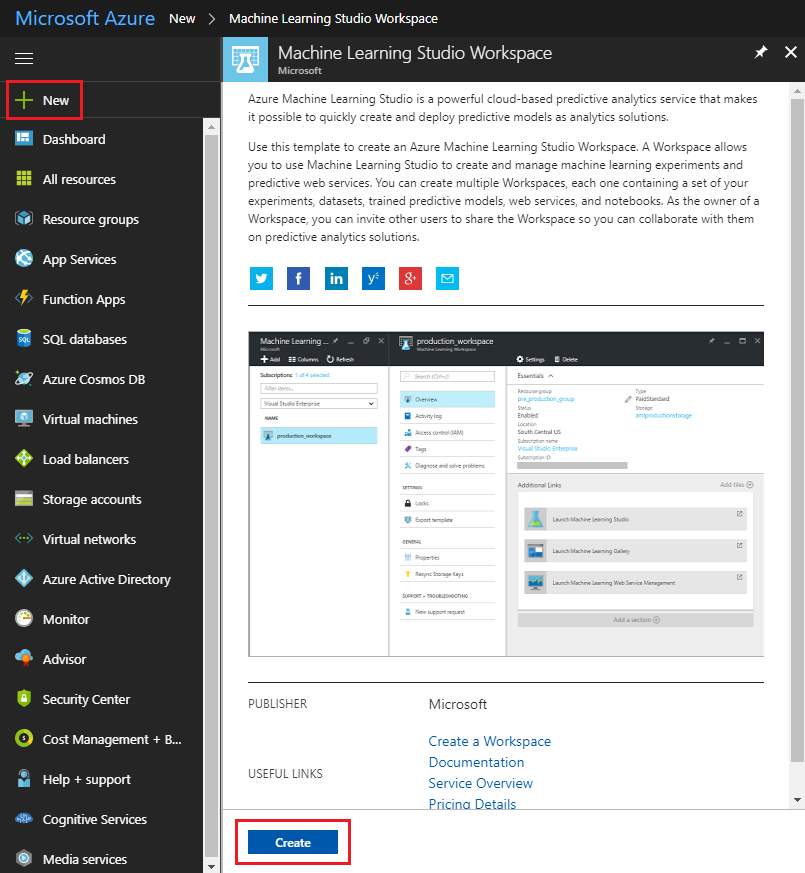 Zrzut ekranu przedstawiający okno platformy Microsoft Azure z obszarem roboczym usługi Machine Learning Studio w okienku zawartości.