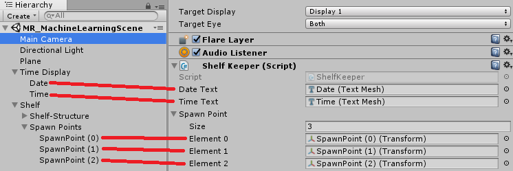 Zrzut ekranu przedstawiający panel hierarchii, który pokazuje, że elementy menu Data, Godzina i Trzy elementy menu Spawn Point znajdują się w klasie Półkakeeper.