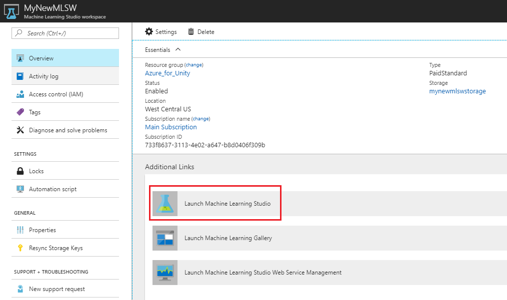 Zrzut ekranu przedstawiający okno platformy Microsoft Azure z wyróżnionym linkiem Uruchom usługę Machine Learning Studio w okienku zawartości.