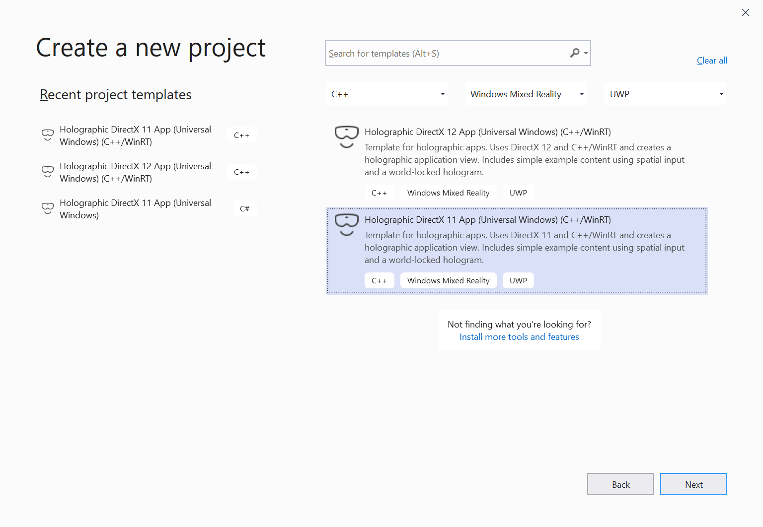 Zrzut ekranu przedstawiający szablon projektu aplikacji platformy UWP w języku Holographic DirectX 11 C++/WinRT w programie Visual Studio 2019