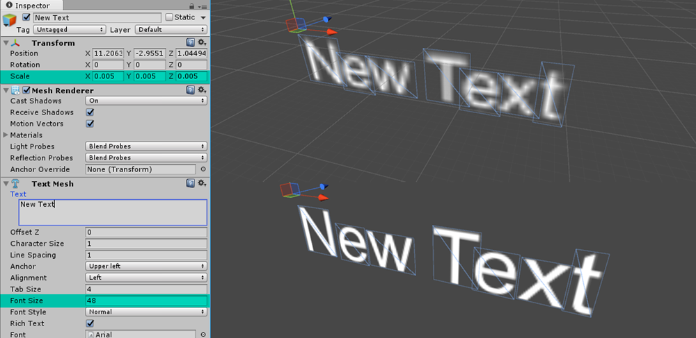 Siatka tekstu 3D aparatu Unity ze zoptymalizowanymi wartościami