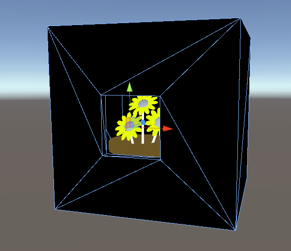 Wyświetlenie tego modelu w edytorze aparatu Unity spowoduje wyświetlenie dużego czarnego pudełka wokół doniczki. Na holoLens pole znika, dając sposób na magiczny efekt okna.