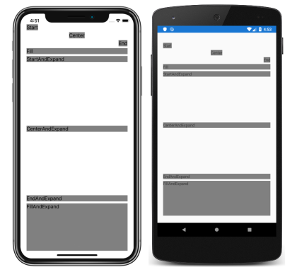 Zrzut ekranu przedstawiający widoki podrzędne w obiekcie StackLayout z ustawionymi opcjami wyrównania i rozwinięcia w systemach iOS i Android