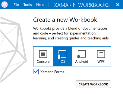Screenshot of the Create new workbook window with the Xamarin.Forms checkbox.