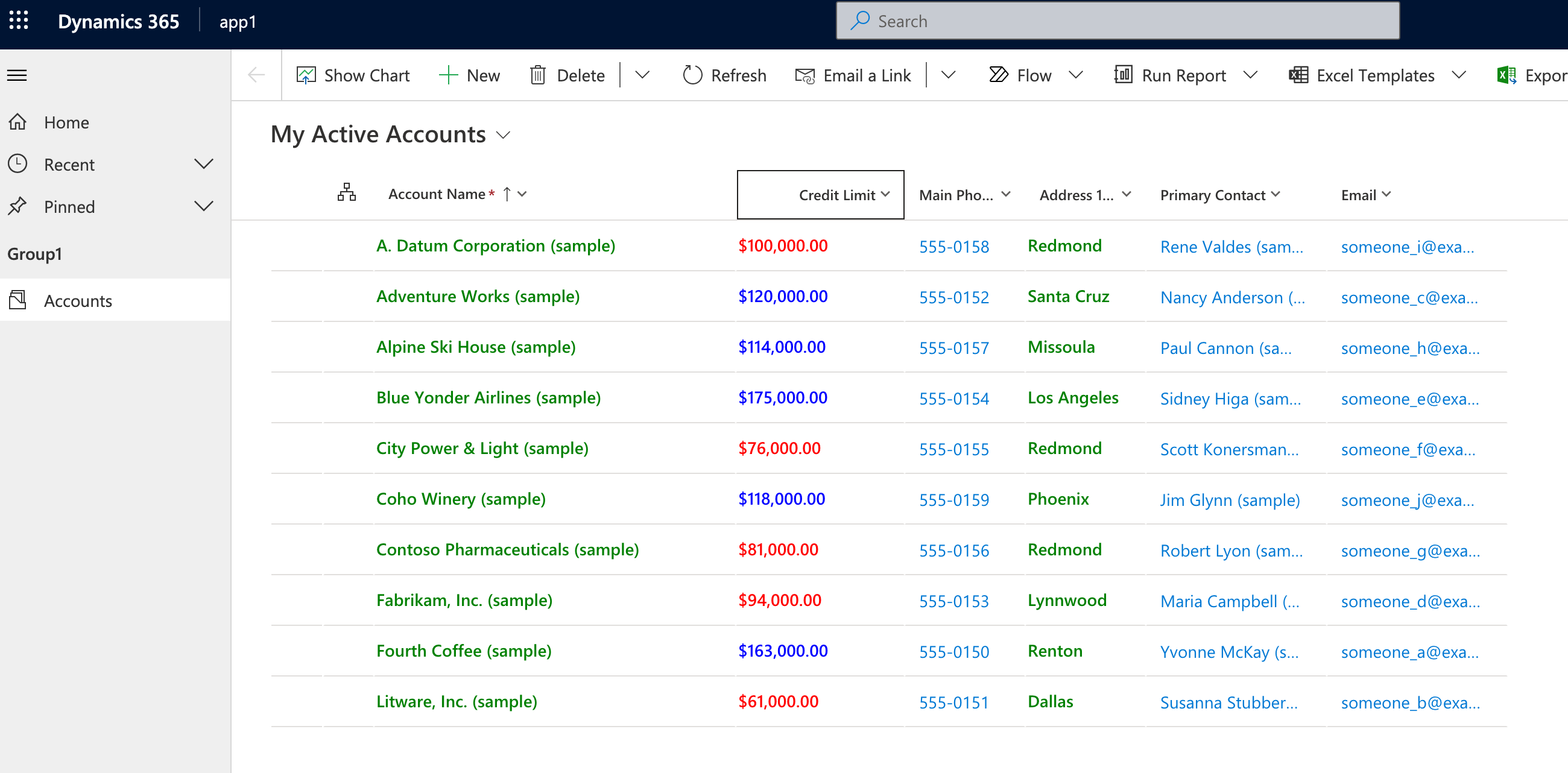 Customized grid for account enitity showing text field with green