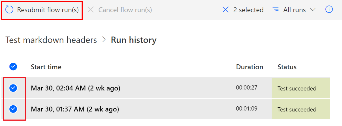 Screenshot that displays the selected runs for your flow.