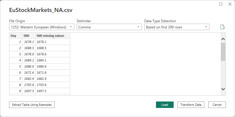 Screenshot shows the contents of the selected .csv file.