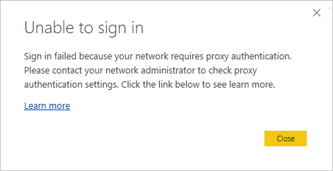 Screenshot shows a dialog about a sign-in error for proxy authentication error.