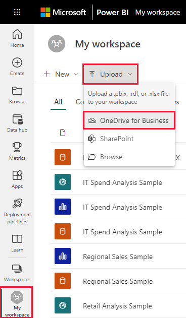Screenshot of My workspace, highlighting Upload and OneDrive for business.