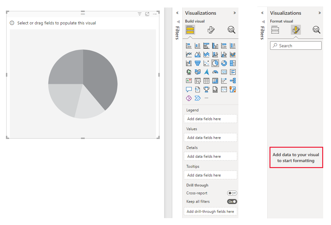 Screenshot of a Power BI visual that shows empty data and inactive visual settings in the Visualizations pane.