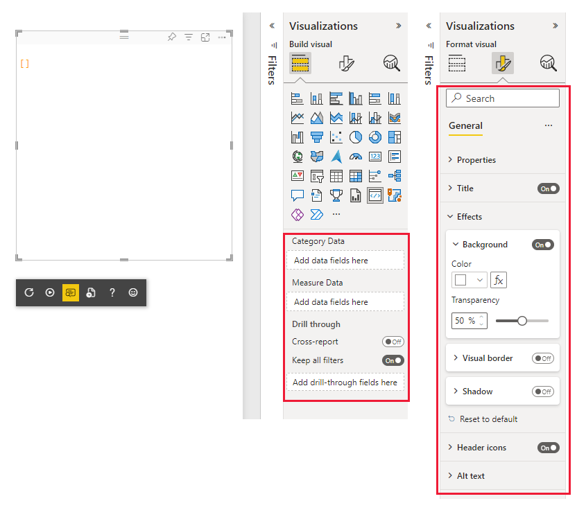Screenshot of a Power BI visual that shows empty data and active format settings in the Visualizations pane.