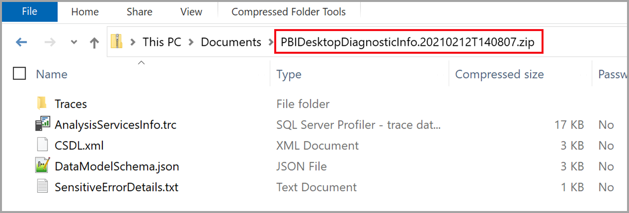 Screenshot of an Explorer window showing the path to the diagnostics ZIP file and the contents.