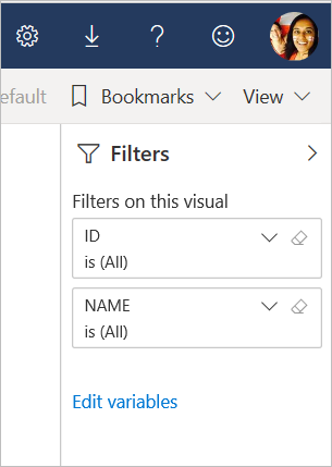 Screenshot that shows the Edit variables link in the Filter pane.