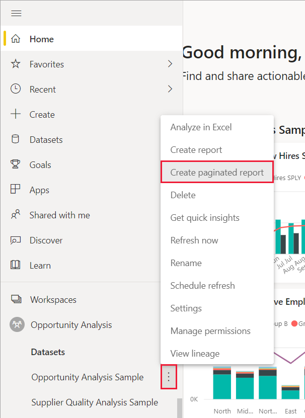 Screenshot of Create a paginated report from a shared dataset in the navigation pane in the Power BI service.