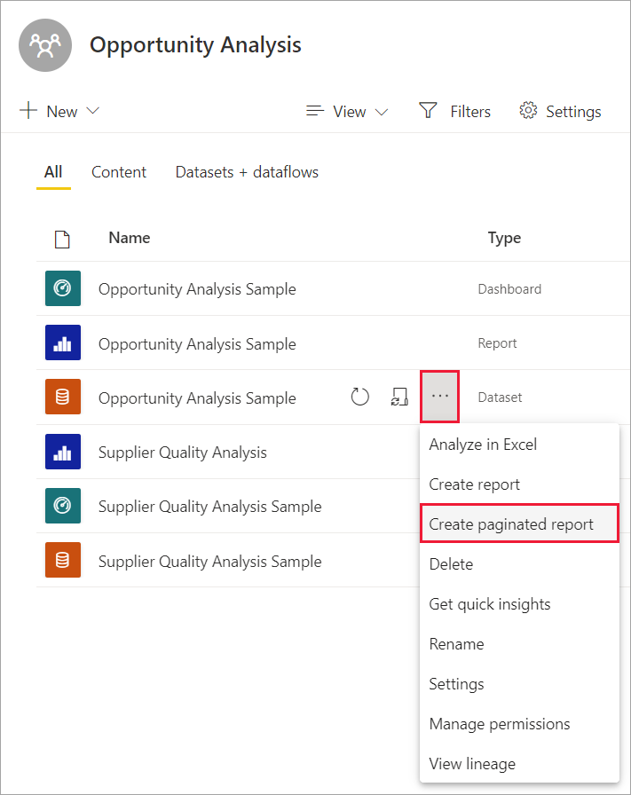 Screenshot of Create a paginated report from a shared dataset in the Power BI service.