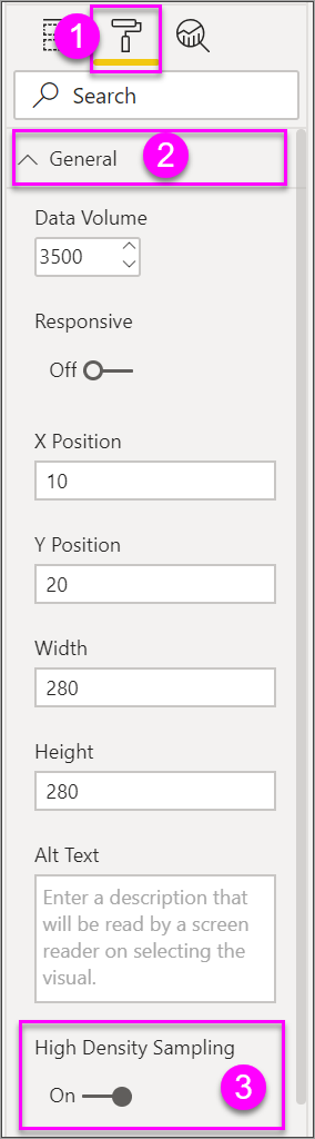 Screenshot of the Visualization menu, showing a pointer to the Format visual pane, General card, and High Density Sampling toggle slider.