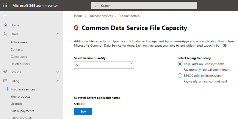 Buy Dataverse File capacity storage add-on.