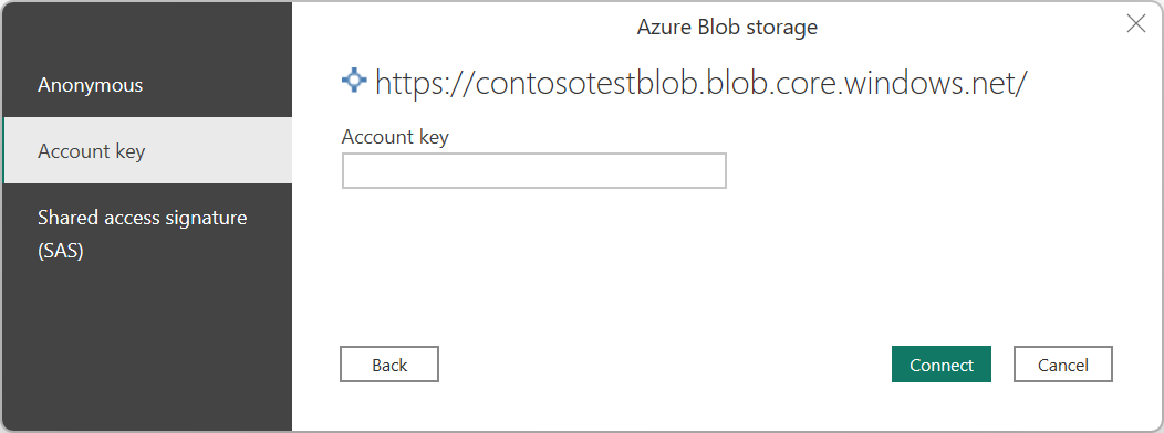 Screenshot of the sign in dialog box for Azure Blob Storage, with the account key authentication method selected.