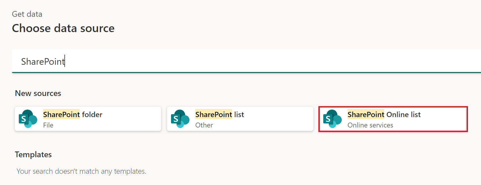 Screenshot of the get data window with SharePoint Online list emphasized.