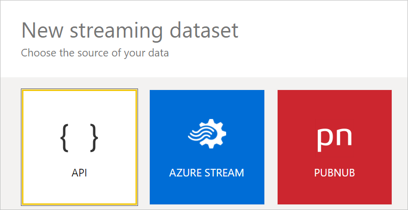 Image of the new streaming dataset dialog box with the API tile.