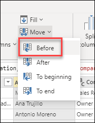 Table containing the Contact Name column to be moved in this example as the third column in the table.