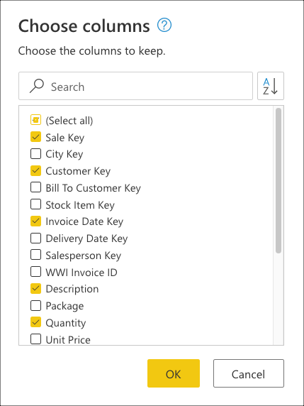 Selecting the Sale Key, Customer Key, Invoice Date Key, Description, and Quantity columns for the no query folding example.