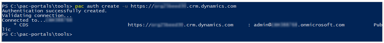 Example of how to authenticate to a Dataverse environment using Microsoft Power Platform CLI