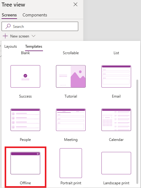 Screenshot of the Templates gallery, with the Offline template highlighted.