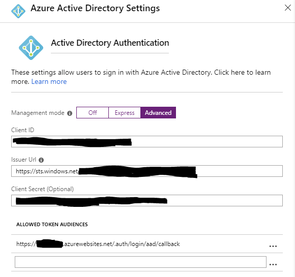 Screenshot shows the Azure Active Directory Settings page where you can set Client I D, Issuer U R L, and Client Secret.