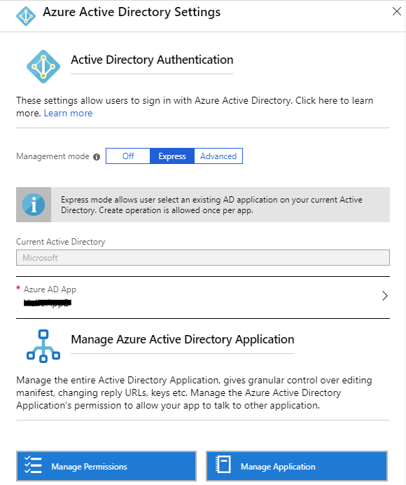 Screenshot shows the Azure Active Directory Settings page where you can select Advanced for the Management mode.