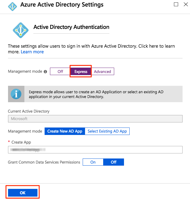 Screenshot shows the Azure Active Directory Settings page with Express selected for Management mode.