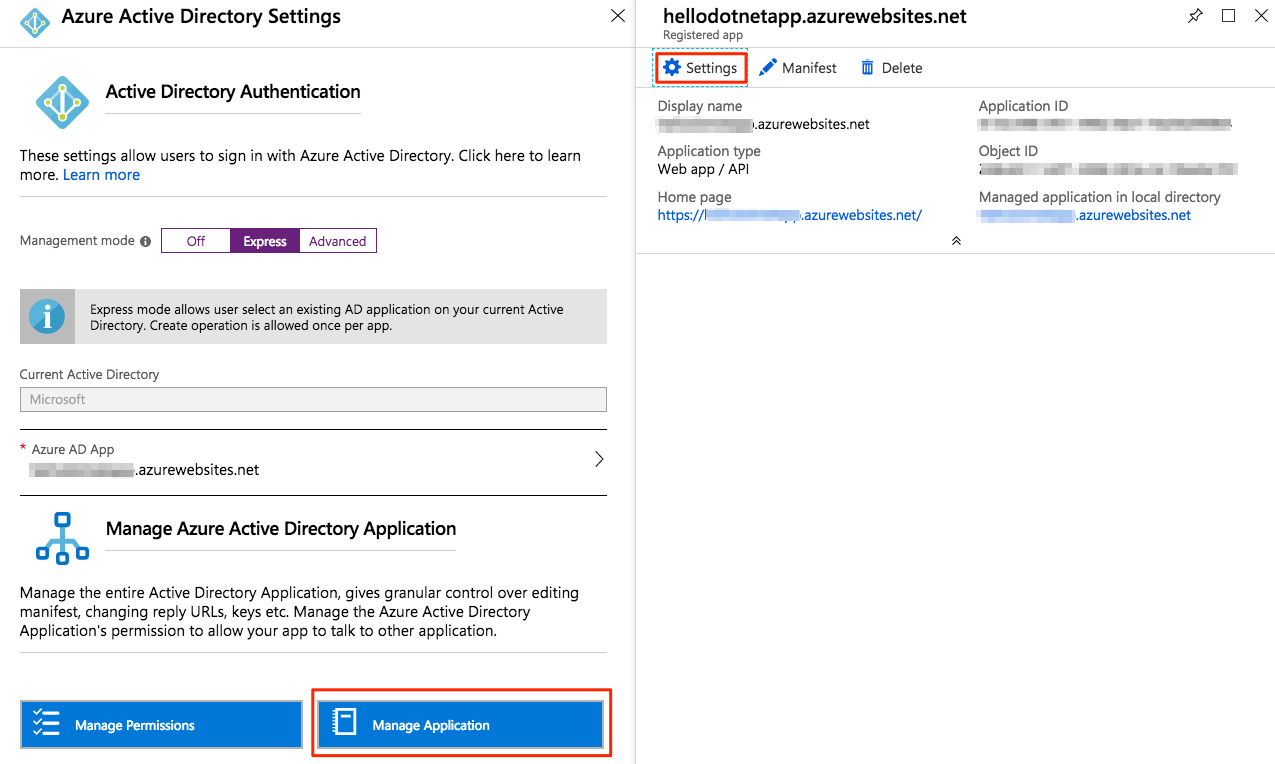 Screenshot shows the Azure Active Directory Settings page with Manage Application selected and the Settings icon highlighted.