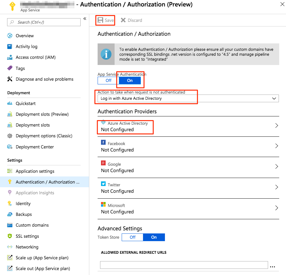 Screenshot shows App Service Authentication on, Log in with Azure AD selected, and Azure AD Not Configured.
