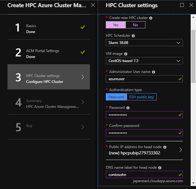 Screenshot shows the Configure H P C Cluster page with Create new H P C cluster set to Yes and additional settings you can enter.