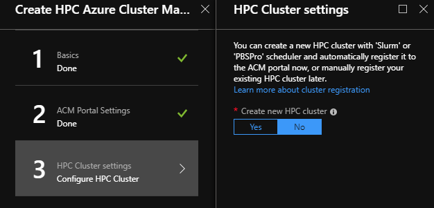 Screenshot shows the Configure H P C Cluster page where you can select Create new H P C cluster.