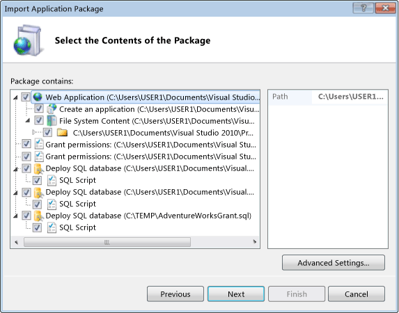 Select the Contents of the Package dialog box