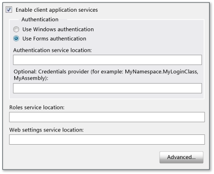 The Services tab in the project designer
