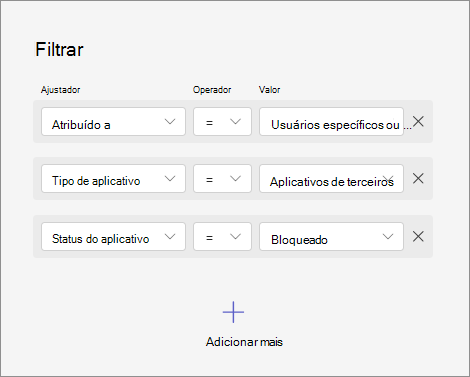 Captura de tela mostrando como filtrar aplicativos combinando vários critérios, como atribuições, tipo de aplicativo e status de aplicativo.