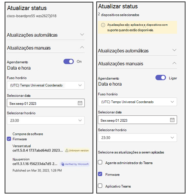 Dispositivo status painel de atualização com dispositivos únicos e vários selecionados.