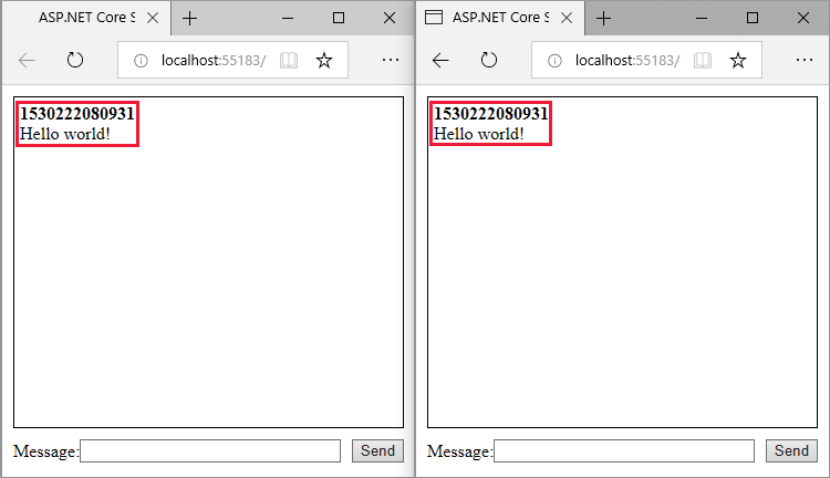 Mensagem exibida em ambas as janelas do navegador