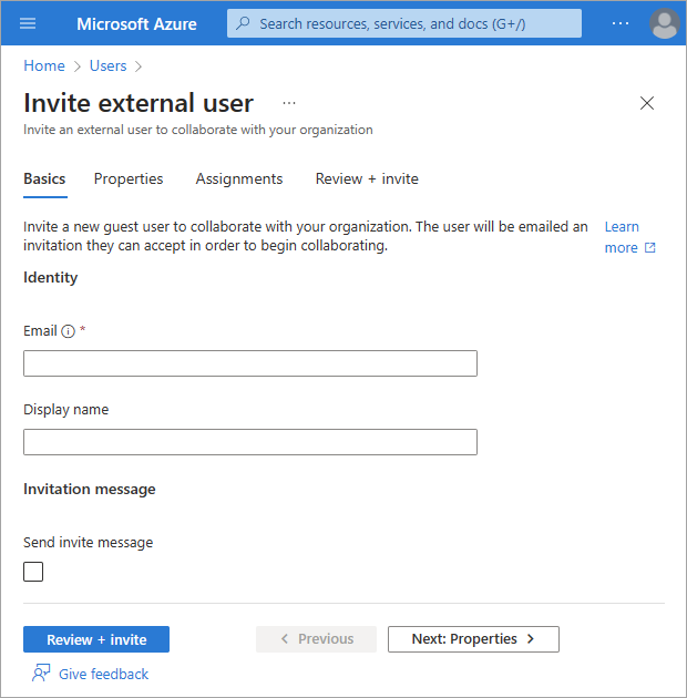 Captura de tela da guia Noções básicas de Convidar usuário externo.