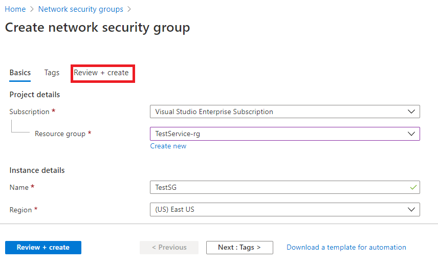 Captura de tela que mostra como criar um grupo de segurança de rede.