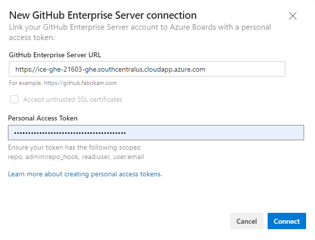 Captura de tela de Nova conexão do GitHub Enterprise, caixa de diálogo Conexão de token de acesso pessoal.
