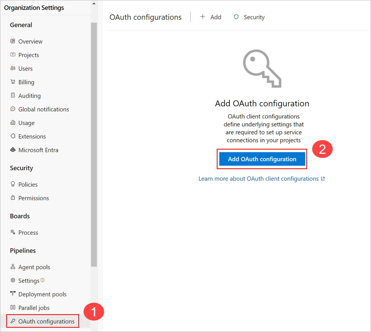 Captura de tela de Abrir Configurações da Organização aberta, configurações do OAuth.