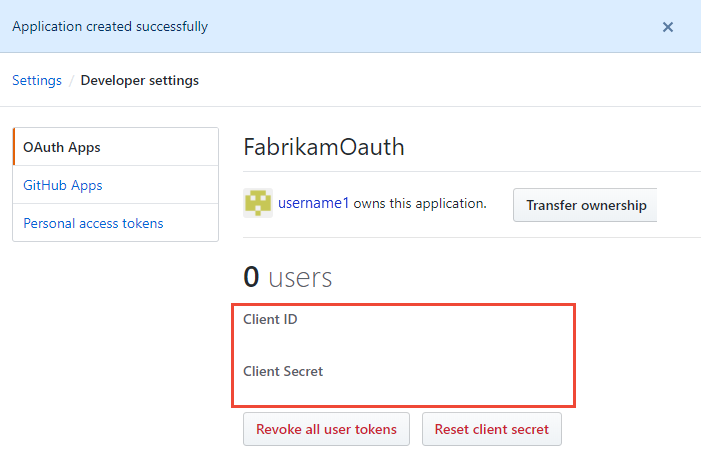 Captura de tela do ID do cliente e do Segredo do cliente para o aplicativo OAuth registrado.