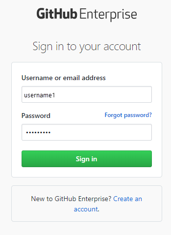 Captura de tela mostrando início de sessão no servidor GitHub Enterprise.