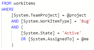 Captura de tela de uma expressão lógica. Um operador E agrupa o Tipo de item de trabalho com os campos Estado ou Atribuído a, que são agrupados por um operador OU.