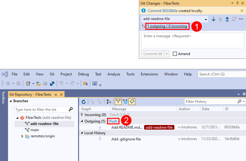Captura de tela do link 'saída/entrada' na janela 'Alterações do Git' e o link de push na janela 'Repositório do Git' do Visual Studio.