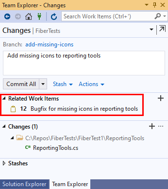 Captura de tela de um item de trabalho vinculado a uma confirmação no modo de exibição Alterações do Team Explorer no Visual Studio 2019.